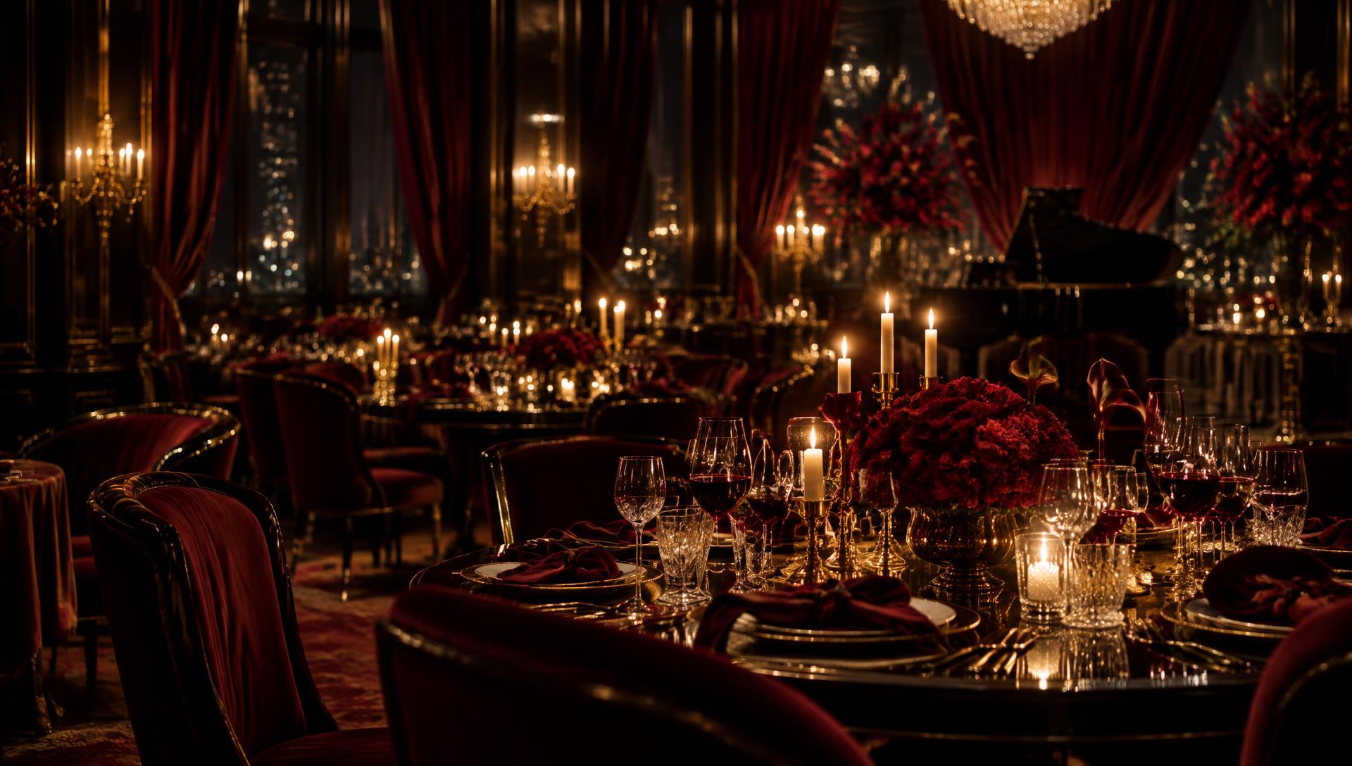 Candlelit ballroom in deep burgundy